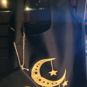 Black Tote Bag with Gold Moon and Stars Design